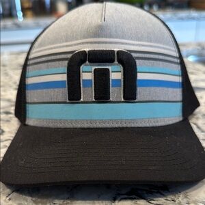 Travis Mathew Striped Gray & Blue Trucker Hat with Raised Logo